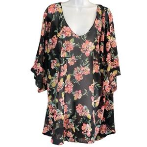 O’Neill Floral Swimsuit Cover Up Tunic Sheer Pink Black Boho CottageCore Chic